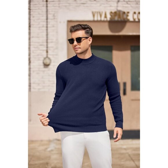 Coofandy Men Blue Purple Mock Turtleneck Knitted Half Neck Pullover Sweaters - Picture 3 of 6